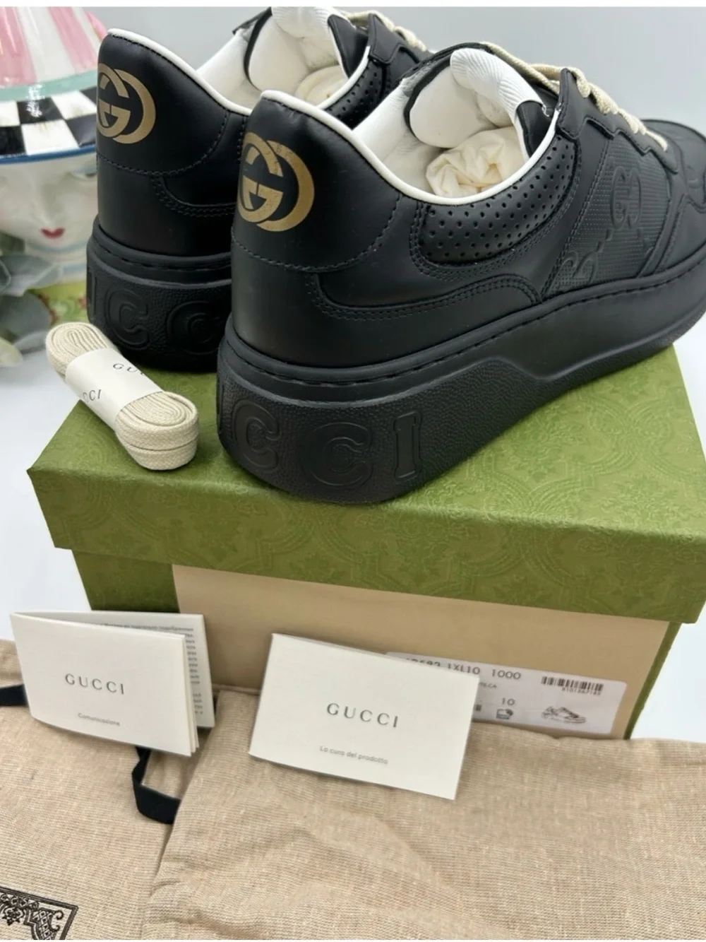 Gucci GG embossed black leather sneakers size 10 fits 10.5 US made Italy